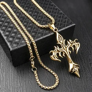 Vintage gold flame cross pendant necklace made of high-quality titanium steel.