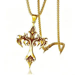 Close-up of gold flame cross pendant with intricate gothic detailing on chain