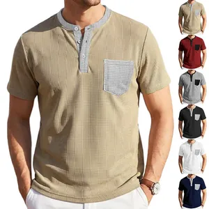 Close-up of men's waffle knit Henley shirt showing contrast pocket and multiple colors.