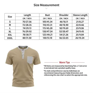 Size chart for men's waffle knit Henley shirt with pocket and precise measurements