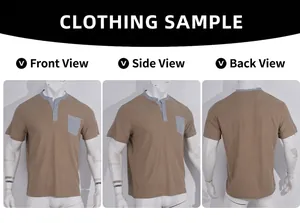 Multiple views of a men's waffle knit Henley shirt featuring a contrast pocket design