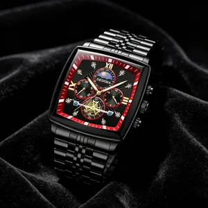 Detailed view of tonneau-shaped men's watch with moon phase and black steel band