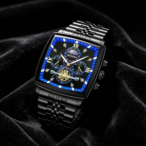 Detailed close-up of men's tonneau-shaped watch with moon phase and flywheel dial