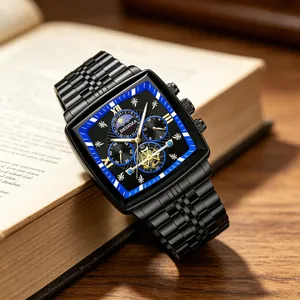 Elegant black barrel-shaped men's multi-function watch with moon phase on vintage book