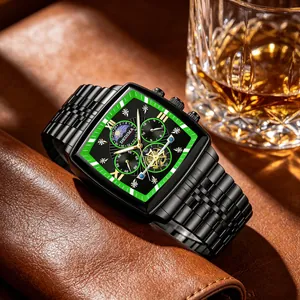 Detailed view of luxury men's tonneau steel watch with green dial and moon phase display