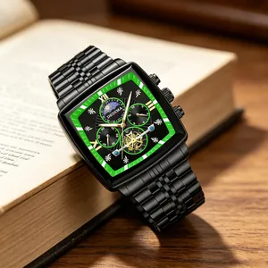 Elegant detail of a tonneau-shaped men's watch featuring a green dial and moon phase function