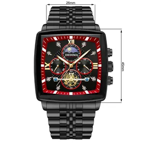Detailed view of black men's barrel watch with moon phase and 45mm case height size