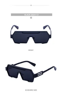 Vintage steampunk irregular one-piece sunglasses shown in front and 45-degree side views.
