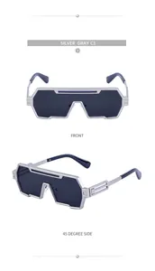 Close-up detail views of steampunk irregular silver frame sunglasses from front and side angles