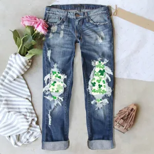 St Patrick's Day Women Ripped Denim Jeans Shamrock Printed Distressed Straight Leg Pants Casual Streetwear Blue Jean Pants