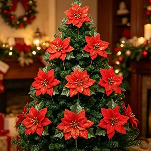 Set of 12cm red flocked artificial Poinsettia flowers for Christmas tree decoration
