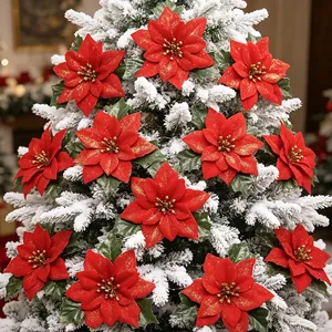 Red flocked artificial poinsettia flowers with glitter for Christmas tree decor