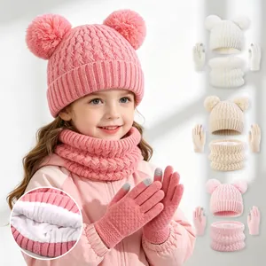 Kids Winter Hat Scarf Gloves Double Pom Pom Cable Knit Fleece Lined Warm Outdoor Touchscreen Mittens For Toddlers