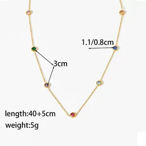 Gold titanium steel necklace with colorful gemstones and length measurements.