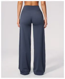 Detailed back view of women's charcoal blue high-waisted wide-leg yoga sports pants