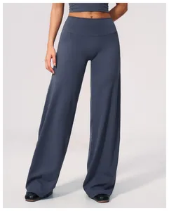 Detailed front view of high-waisted wide-leg yoga sports pants for women in grey