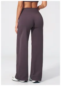 Back view of purple brushed wide-leg yoga pants featuring a slimming high-waist fit