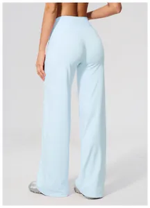 Detailed back view of light blue high-waisted wide-leg athletic yoga pants for women