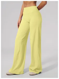 Premium women's high waisted wide leg yoga pants in soft brushed light yellow fabric