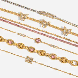 Stainless Steel Bracelet Women 18K Gold Plated Pink Cubic Zirconia Butterfly Letter M Waterproof Hypoallergenic Jewelry