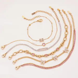 Collection of gold-plated stainless steel bracelets with pink zircon and butterfly charms
