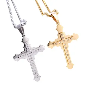 Stainless steel cross pendant necklace with inlaid rhinestones in gold and silver