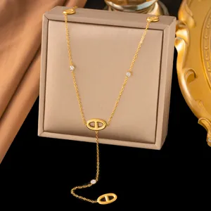 Elegant 18K gold plated titanium steel Y-necklace with dainty pig nose link pendants