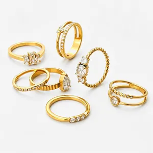18K Gold Plated Stainless Steel Rings White Zircon Waterproof Hypoallergenic Elegant Hollow Geometric Jewelry For Women