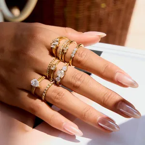 Stackable elegant 18K gold plated stainless steel rings with sparkling white zircons