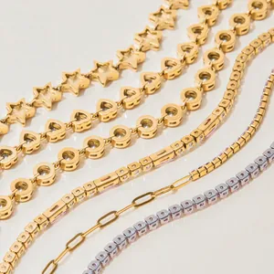 Elegant gold and silver titanium steel bracelets with star, heart, and pink zirconia details.