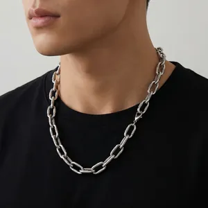 10mm stainless steel chunky chain necklace with textured links worn by a male model.