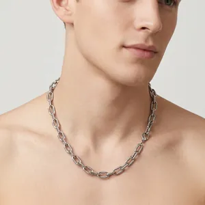 Detailed view of heavy duty stainless steel link necklace with ribbed texture
