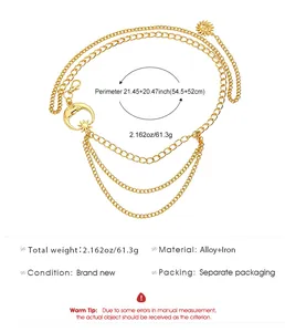 Detailed view of gold sun and moon layered waist chain with alloy and iron specs.