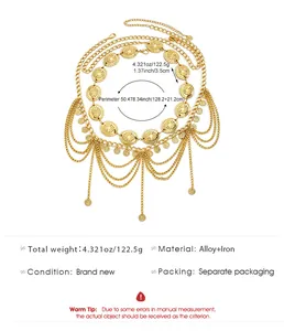 Detailed view of bohemian gold waist chain belt featuring sun coins and tassel chains