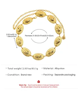 Product details of the golden metal waist chain featuring textured oval plates and rose charm