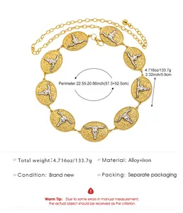 Detail of gold ethnic waist chain with bull skull design and measurement specs