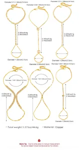 Detailed measurements for six gold-toned copper hand chains with finger rings.