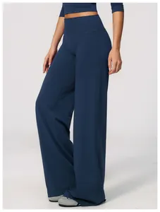 High-waisted wide-leg yoga pants for women, navy blue athletic flare trousers fit
