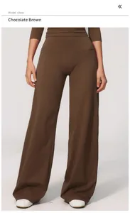 Close-up detail of chocolate brown brushed wide-leg casual sports pants for women
