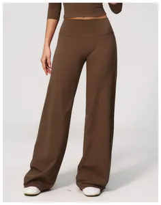 Professional studio shot of brown high-waisted wide-leg lounge yoga pants for women