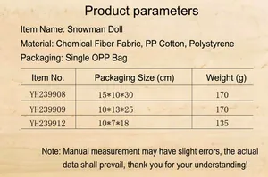 Detailed product parameters for the Christmas snowman doll including size and weight data.