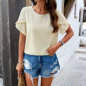 Women Blouse Jacquard Polka Dot Ruffle Short Sleeve Round Neck Casual Elegant Summer Shirt Back Buttons