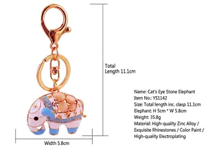 Porte-clés éléphant mignon avec strass, pierres œil-de-chat et détails de taille