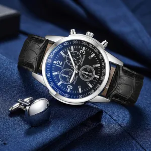 Detailed view of high-end men's blue quartz watch with black leather strap and cufflinks