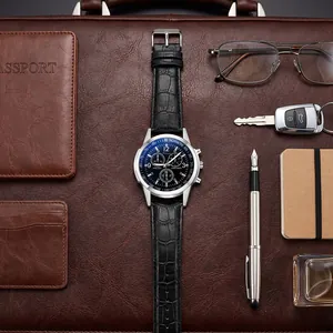 Professional luxury men's quartz watch with blue dial and black crocodile leather strap