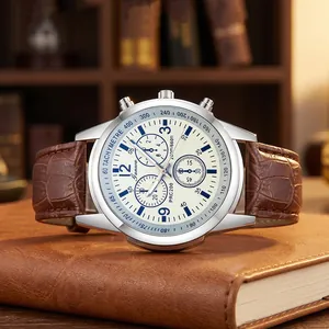 Premium men's quartz watch with brown leather strap and white chronograph dial.