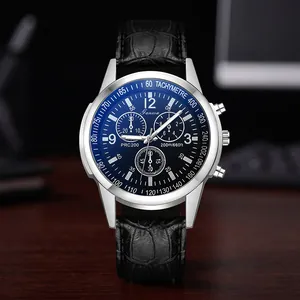 Premium men's quartz watch with blue crystal and black crocodile pattern strap detail.