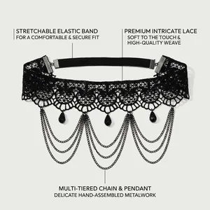 Detail of bridal lace garter belt with multi-tiered chains and teardrop pendants