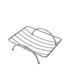 Polished stainless steel wire soap dish with elegant curved support legs for bathroom.