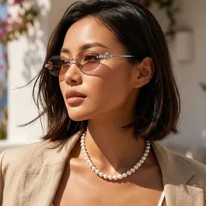 Rimless Oval Sunglasses Metal Frame Rhinestone Floral Luxury Retro Party Trendy Eyewear For Women Men